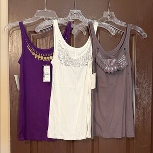 New York & Company Embellished Tank Tops - Purple, White, Gray